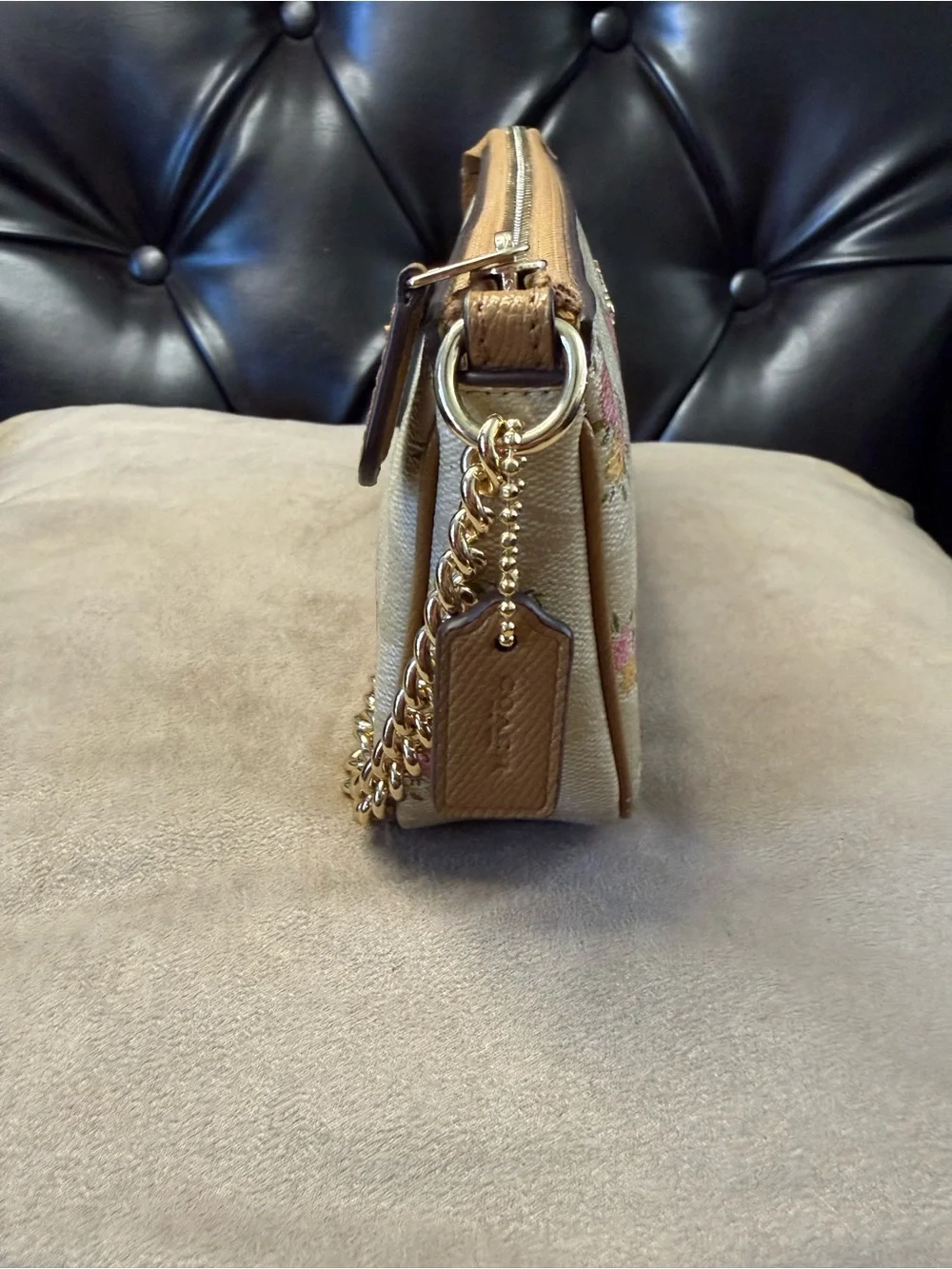 COACH SAND FLORAL SIGNATURE COATED CANVAS MINI POCHETTE/WRISTLET/GOLD HARDWARE